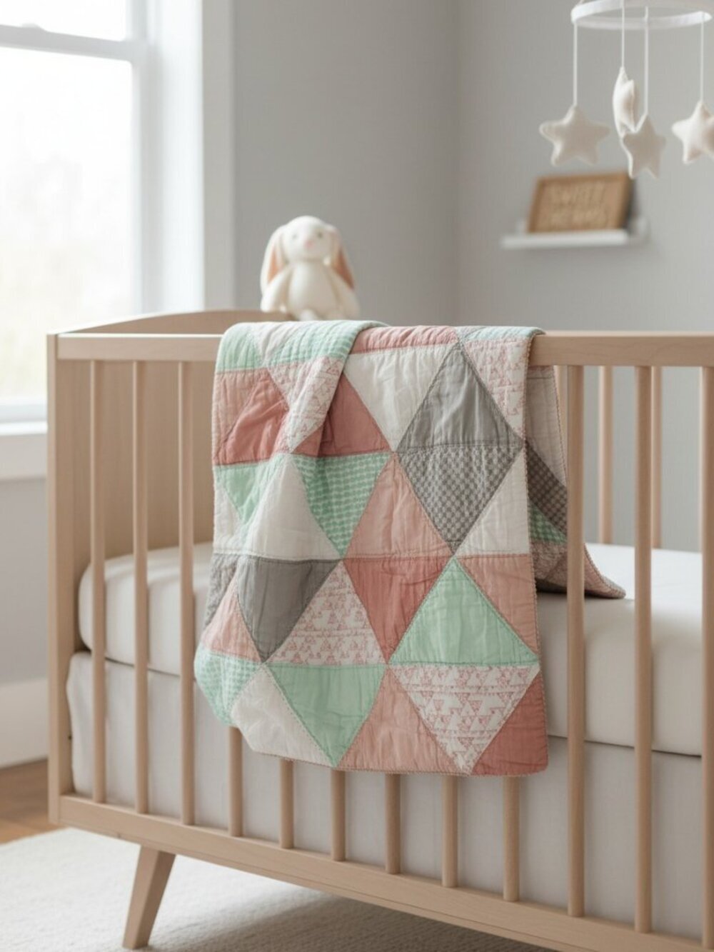 LOLLI LIVING Pink Mint Gray Patchwork Baby Quilt Blanket & Crib Bed Skirt